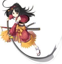 Rule 34 | 1girl, artist request, black hair, detached sleeves, full body, hair ornament, high ponytail, holding, holding sword, holding weapon, katana, long hair, official art, oshiro project:re, oshiro project:re, sheath, sheathed, sword, transparent background, unsheathed, weapon, yagyuu (oshiro project), yellow eyes