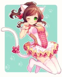 Rule 34 | 10s, animal ears, blush, bracelet, breasts, brown hair, cat ears, cat tail, choker, clenched hands, dress, frilled dress, frills, green eyes, idolmaster, idolmaster cinderella girls, jewelry, looking at viewer, maekawa miku, one eye closed, paw pose, pearl bracelet, ponytail, ribbon, rinndouk, simple background, socks, solo, tail, tail ornament, tail ribbon, thighhighs, zettai ryouiki