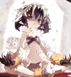 Rule 34 | 1girl, animal hands, animal skull, bare shoulders, black hair, chest strap, claws, commentary request, disgaea, flat chest, frown, fur scarf, highres, indian style, kakuwashi, looking at viewer, makai senki disgaea, mask, mask on head, navel, parted lips, pointy ears, red eyes, shaded face, shaman (disgaea), short hair, sitting, skinny, skull, skull mask, solo, stomach, toes, v-shaped eyebrows