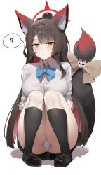 Rule 34 | 1girl, ?, absurdres, animal ears, ass, black footwear, black socks, blue archive, blue bow, blue bowtie, blush, bow, bowtie, breasts, brown hair, cleavage, collared shirt, commentary request, fox ears, fox tail, halo, highres, large breasts, long hair, panties, parted lips, partial commentary, red halo, seya (sseya33), shirt, shoes, simple background, socks, solo, spoken question mark, squatting, tail, underwear, wakamo (blue archive), white background, white panties, white shirt, yellow eyes