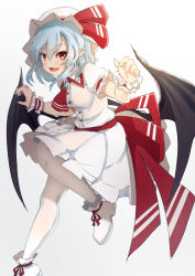 Rule 34 | 1girl, bat wings, blue hair, breasts, dress, eyebrows, fang, footwear ribbon, full body, hands up, hat, leg up, looking at viewer, medium breasts, mob cap, opanchu (pixiv259683), open mouth, pointy ears, red eyes, remilia scarlet, shoes, short dress, short sleeves, smile, solo, touhou, white dress, white footwear, white legwear, white theme, wings, wrist cuffs