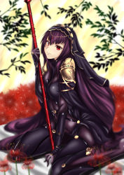 Rule 34 | 1girl, absurdres, armor, bodysuit, breasts, fate/grand order, fate (series), female focus, flower, gae bolg (fate), highres, large breasts, long hair, pauldrons, polearm, purple hair, red eyes, scathach (fate), scathach (fate), serkior, shoulder armor, sitting, smile, solo, spear, spider lily, veil, very long hair, wariza, weapon