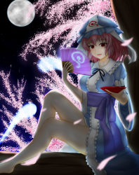 Rule 34 | 1girl, absurdres, abukobato, bare legs, barefoot, black ribbon, blush, breasts, cherry blossoms, cup, folding fan, frills, from side, full moon, hand fan, hat, highres, hitodama, holding, holding fan, in tree, japanese clothes, kimono, large breasts, looking at viewer, looking to the side, mob cap, moon, moonlight, neck ribbon, night, night sky, parted lips, pink hair, red eyes, ribbon, saigyouji yuyuko, sakazuki, sash, short hair, sitting, sitting in tree, sky, smile, solo, star (sky), starry sky, touhou, tree, triangular headpiece, wide sleeves