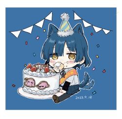 Rule 34 | 1girl, animal ears, birthday, birthday cake, black pantyhose, blue hair, blue skirt, blush, bocchi the rock!, cake, cat ears, confetti, cream, cream on face, earrings, eating, food, food on face, fruit, gotoh hitori, gotoh hitori (octopus), gotoh hitori (tsuchinoko), hair between eyes, highres, jewelry, moga (ponco gris), pantyhose, sash, shirt, simple background, sitting, skirt, solo, strawberry, streamers, tail, tail wagging, white shirt, yamada ryo, yellow eyes