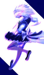 Rule 34 | 1girl, braid, dress, female focus, izayoi sakuya, knife, looking back, maid headdress, oborobo, profile, red eyes, ribbon, shoes, short hair, short sleeves, silver hair, solo, speed lines, embodiment of scarlet devil, thighhighs, throwing knife, touhou, twin braids, weapon, wind