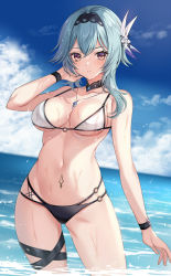 Rule 34 | 1girl, asymmetrical hair, bikini, black hairband, blue hair, blue sky, bracelet, breasts, cloud, collarbone, contrapposto, cowboy shot, detached collar, eula (genshin impact), genshin impact, hair ornament, hairband, hand in own hair, hand up, harimoji, highres, jewelry, large breasts, light blue hair, looking at viewer, mismatched bikini, navel, necklace, purple eyes, sky, solo, stomach, swimsuit, thigh strap, underboob, wading, wet