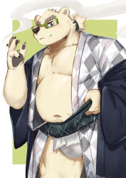Rule 34 | 1boy, absurdres, animal ears, animal hands, bara, bear boy, bear ears, belly, blush, bulge, cigarette, fat, fat man, feet out of frame, furry, furry male, glasses, green-framed eyewear, highres, japanese clothes, kimono, large pectorals, leib (housamo), male focus, male underwear, male underwear peek, muscular, muscular male, navel, navel hair, open clothes, open kimono, pectoral cleavage, pectorals, see-through, short hair, shoyuna (cai1448331577), smoking, solo, stomach, thick eyebrows, thick thighs, thighs, tokyo houkago summoners, topless male, underwear, wet, wet clothes, wet male underwear, white fur, white male underwear