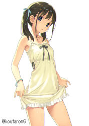 Rule 34 | 1girl, :o, bare arms, bare shoulders, black hair, blue bow, blue eyes, blush, bow, breasts, commentary request, cowboy shot, dress, frilled dress, frills, hair bow, head tilt, koutaro, long hair, original, parted lips, simple background, skirt hold, sleeveless, sleeveless dress, small breasts, solo, tan, tanline, twintails, twitter username, white background, white dress