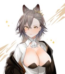 Rule 34 | 1girl, absurdres, animal ear fluff, animal ears, anthea (neris 45), arknights, black jacket, black leotard, blush, braid, breasts, cleavage, closed mouth, collarbone, collared shirt, commentary, dress shirt, grey hair, hair between eyes, highres, jacket, large breasts, leotard, leotard under clothes, mole above eye, off shoulder, open clothes, open jacket, open shirt, orange eyes, parted bangs, penance (arknights), shirt, simple background, solo, sparkle, strapless, strapless leotard, white background, white shirt