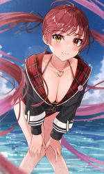 Rule 34 | 1girl, absurdres, ahoge, badge, bikini, bikini under clothes, black jacket, blue sky, blush, breasts, button badge, cleavage, closed mouth, collarbone, day, earrings, hands on own knees, haru yu, heart, heart earrings, heart necklace, heterochromia, highres, hololive, houshou marine, houshou marine (summer), jacket, jewelry, large breasts, leaning forward, lens flare, long hair, looking at viewer, necklace, outdoors, red bikini, red eyes, red hair, sky, smile, solo, swimsuit, twintails, very long hair, virtual youtuber, water, yellow eyes, zipper pull tab