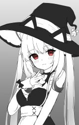 Rule 34 | 1girl, animal ears, animal hat, bare shoulders, blush, breasts, cleavage, closed mouth, commentary request, copyright request, dress, fake animal ears, gradient hair, grey background, hand up, hat, highres, long hair, looking at viewer, medium breasts, monochrome, multicolored hair, red eyes, seika (eevz2274), simple background, solo, spot color, strapless, strapless dress, twintails, very long hair, witch hat, wrist cuffs