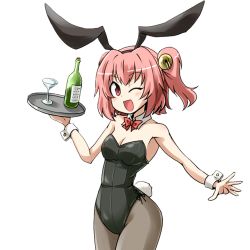 Rule 34 | 1girl, :d, alcohol, animal ears, armpits, bell, black pantyhose, breasts, cleavage, glass, jingle bell, looking at viewer, one eye closed, open mouth, pantyhose, rabbit ears, rabbit tail, smile, solo, tail, transparent background, wine, wink