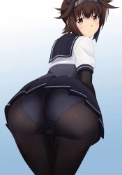Rule 34 | 10s, 1girl, absurdres, ass, black hair, blush, brown eyes, elbow gloves, expressionless, from behind, gloves, hatsuzuki (kancolle), headband, highres, huge ass, juoto, kantai collection, leaning, leaning forward, looking at viewer, looking back, panties, panties under pantyhose, pantyhose, pleated skirt, school uniform, short hair, skirt, solo, underwear