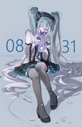 Rule 34 | 1girl, absurdres, aqua hair, bare shoulders, black neckwear, black skirt, blue nails, boots, bug, butterfly, butterfly on mouth, collared shirt, commentary, dated, detached sleeves, english commentary, full body, gradient hair, grey background, grey footwear, hatsune miku, hatsune miku (nt), headset, heart (organ), high heel boots, high heels, highres, hitokoto, holding, insect, long hair, long sleeves, looking at viewer, miniskirt, multicolored hair, nail polish, purple eyes, shatter, shirt, silver hair, simple background, sitting, skirt, solo, thigh boots, thighhighs, twintails, very long hair, vocaloid, white shirt
