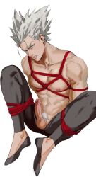 Rule 34 | 1boy, abs, absurdres, bdsm, black pants, blush, bondage, bound, bound arms, bound legs, commentary, dudlesnoodles, erection, flats, garou (one-punch man), grey hair, grimace, highres, looking at viewer, male focus, muscular, muscular male, nipples, one-punch man, pants, pectorals, penis, pointy hair, pubic hair, shibari, topless male, shoes, solo, testicles, white background, yellow eyes