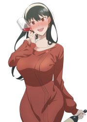 Rule 34 | 1girl, :d, black hair, blush, bottle, breasts, collarbone, cup, dress, drinking glass, earrings, furon (froon), gold earrings, hairband, hand up, holding, holding bottle, holding cup, jewelry, large breasts, long hair, nose blush, open mouth, red eyes, red sweater, simple background, smile, solo, spy x family, sweater, sweater dress, white background, white hairband, wine bottle, wine glass, yor briar