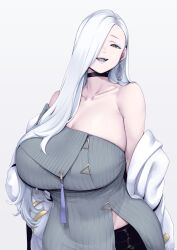 1girl bare_shoulders black_choker blue_eyeshadow blue_lips breasts choker cleavage collarbone colored_tongue commentary_request dress earrings eyeliner eyeshadow fangs fate/grand_order fate_(series) grey_dress grey_tongue hair_over_one_eye half-closed_eye half-closed_eyes hand_on_own_hip highres hoop_earrings huge_breasts jacket jewelry lipstick long_hair looking_at_viewer makeup mrs._snake_(fate) nakamura_regura off_shoulder open_mouth ribbed_dress simple_background slit_pupils smile solo sweater sweater_dress tassel white_hair white_jacket yellow_eyes