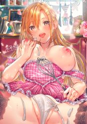 Rule 34 | 1girl, apron, black thighhighs, blonde hair, blush, braid, breasts, cameltoe, cleft of venus, cream, grabbing own breast, hair ornament, hairclip, heart apron, highres, holding, indoors, lace, lace-trimmed legwear, lace trim, large breasts, long hair, looking at viewer, nipples, open mouth, original, panties, petals, pink apron, plaid, plaid apron, side-tie panties, signature, smile, solo, spatula, spread legs, strap slip, suihei sen, thighhighs, tongue, tongue out, underwear, untied panties, whisk, white panties, yellow eyes