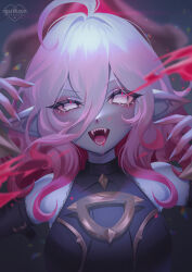 Rule 34 | 1girl, :q, absurdres, ahoge, artist name, blood, blood on mouth, blood splatter, blue nails, breasts, briar (league of legends), colored sclera, colored skin, commentary, detached sleeves, english commentary, eyelashes, fangs, fingernails, grey hair, gumae, hair between eyes, highres, league of legends, long hair, looking at viewer, medium breasts, multicolored hair, nail polish, no pupils, open mouth, pink hair, pink sclera, pointy ears, sharp fingernails, sharp teeth, sidelocks, solo, teeth, tongue, tongue out, two-tone hair, upper body, vampire, white eyes