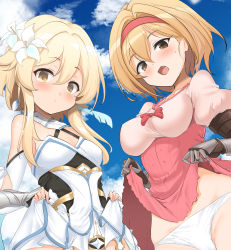 Rule 34 | 2girls, blonde hair, blue sky, breasts, brown eyes, clothes lift, cloud, commentary request, crossover, day, djeeta (granblue fantasy), dress, dress lift, flower, gauntlets, genshin impact, granblue fantasy, hair between eyes, hair flower, hair ornament, hairband, highres, lifting own clothes, long hair, lumine (genshin impact), medium breasts, momio, multiple girls, panties, red hairband, short hair, sky, underwear, white dress