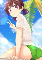 Rule 34 | 1girl, ass, blush, breasts, brown hair, buruma, closed mouth, cloud, day, eyebrows, green buruma, guchiaki, light beam, looking at viewer, maiko chimari, no pants, outdoors, palm tree, pastel memories, purple eyes, shiny skin, shirt, short twintails, sky, small breasts, smile, solo, sunlight, tree, twintails, v, wet, wet clothes, wet shirt