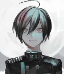 Rule 34 | 1boy, ahoge, black hair, black jacket, brown eyes, buttons, closed mouth, commentary, danganronpa (series), danganronpa v3: killing harmony, gradient background, grey background, hair between eyes, jacket, laaaicha, looking at viewer, male focus, portrait, saihara shuichi, short hair, simple background, smile, solo, symbol-only commentary, upper body