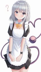 Rule 34 | 1girl, ?, absurdres, alternate costume, aohane, apron, black dress, cat tail, cowboy shot, demon tail, dress, enmaided, heart, heart tail, highres, komeiji koishi, maid, maid apron, maid headdress, mouse tail, puffy sleeves, short sleeves, simple background, solo, tail, touhou, waist apron, white apron, white background