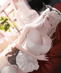 Rule 34 | 2girls, absurdres, aegir (azur lane), aegir (iron blood&#039;s dragon maid) (azur lane), apron, azur lane, bbolalus, breasts, cleavage, covered erect nipples, frilled apron, frills, garter straps, highres, horns, huge breasts, indomitable (azur lane), indomitable (ms. motivationless maid) (azur lane), large breasts, looking at viewer, lying, maid, maid apron, maid headdress, multiple girls, on side, slit pupils, thick thighs, thighhighs, thighs, underboob, white hair, white thighhighs, yellow eyes