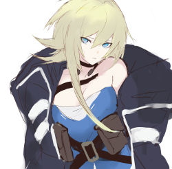 Rule 34 | 1girl, ak-74u (girls&#039; frontline), bare shoulders, belt, black choker, blonde hair, blue eyes, blue jacket, blue shirt, breasts, choker, closed mouth, ff frbb122, girls&#039; frontline, highres, holster, jacket, long hair, looking at viewer, open clothes, open jacket, shirt, solo, white background