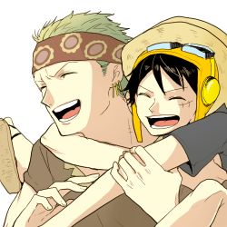Rule 34 | 2boys, black hair, curry gohan, earrings, goggles, green hair, hand on headwear, hat, jewelry, lowres, male focus, monkey d. luffy, multiple boys, one piece, one piece film: z, open clothes, open mouth, open shirt, roronoa zoro, rubber, sandals, shirt, smile, straw hat, v-neck