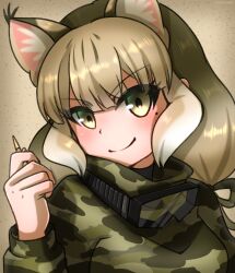 Rule 34 | 1girl, animal ears, bullet, camouflage, cat ears, closed mouth, extra ears, goggles, grey eyes, grey hair, highres, hikarikmy, jacket, jungle cat (kemono friends), kemono friends, kemono friends v project, long hair, looking at viewer, ribbon, simple background, smile, solo, twintails, virtual youtuber