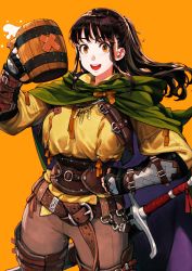Rule 34 | 1girl, beer mug, belt, black hair, brown belt, brown pants, cape, cowboy shot, cup, fingerless gloves, gloves, green cape, hand on own hip, highres, holding, holding cup, jun (navigavi), long hair, looking at viewer, medieval, mug, open mouth, orange background, original, pants, shirt, simple background, smile, solo, standing, sword, weapon, yellow shirt