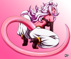 Rule 34 | 1girl, android 21, arm support, back, black sclera, breasts, colored sclera, colored skin, dragon ball, dragon ball fighterz, female focus, from behind, harem pants, high heels, jadenkaiba, kneeling, light purple hair, long hair, looking back, majin (race), majin android 21, messy hair, open mouth, pants, pink background, pink skin, pointy ears, red eyes, solo, tail, tongue, tongue out, very long hair, white hair