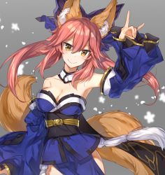 Rule 34 | 10s, 1girl, :&gt;, \n/, animal ears, bad id, bad pixiv id, bare shoulders, bow, breasts, chocoan, cleavage, collarbone, detached sleeves, fate/extra, fate (series), fox ears, fox shadow puppet, fox tail, gold trim, grey background, hair bow, hair ribbon, japanese clothes, large breasts, long hair, looking at viewer, md5 mismatch, multiple tails, pink hair, ribbon, simple background, solo, tail, tamamo (fate), tamamo no mae (fate/extra), twintails, yellow eyes