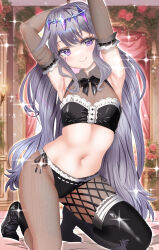 Rule 34 | 1girl, armpits, breasts, crop top, elbow gloves, fishnet pantyhose, fishnets, frills, gem, gloves, grey hair, highres, hololive, hololive english, kneeling, koseki bijou, long hair, navel, pantyhose, presenting armpit, purple eyes, single thighhigh, small breasts, smile, solo, sparkle, stomach, thighhighs, very long hair, virtual youtuber, wakaunderblade7