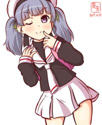 Rule 34 | 1girl, artist logo, backpack, bag, beret, black shirt, blouse, blue hair, cardcaptor sakura, commentary request, cosplay, dated, hat, kanon (kurogane knights), kantai collection, light blush, looking at viewer, neckerchief, one-hour drawing challenge, one eye closed, ooshio (kancolle), purple eyes, sailor collar, school uniform, serafuku, shirt, short twintails, simple background, skirt, smile, solo, tomoeda elementary school uniform, twintails, white background, white hat, white neckerchief, white sailor collar, white skirt