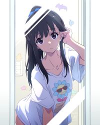 Rule 34 | 1girl, adjusting hair, alternate costume, arm up, artist name, black hair, collarbone, commentary, dated, floral print, highres, inoue takina, long hair, looking at mirror, looking at viewer, lycoris recoil, mirror, nii manabu, no pants, ponytail, print shirt, purple eyes, reflection, shirt, short sleeves, solo, sunflower print, t-shirt, white background, white shirt