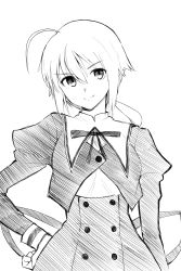 Rule 34 | 1girl, absurdres, ahoge, amano soraha, arm at side, assault lily, buttons, closed mouth, commentary request, cropped jacket, greyscale, hair between eyes, hand on own hip, hatching (texture), head tilt, high-waist skirt, highres, juliet sleeves, linear hatching, long hair, long sleeves, looking at viewer, low ponytail, monochrome, neck ribbon, ponytail, puffy sleeves, ribbon, sasaki33916, school uniform, simple background, sketch, skirt, smile, solo, standing, upper body, v-shaped eyebrows, white background, yurigaoka girls academy school uniform