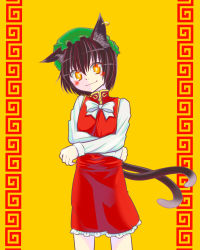 Rule 34 | 1girl, animal ears, bow, brown hair, cat ears, cat tail, chen, dress, earrings, fufuyomumusu, hat, highres, jewelry, long sleeves, mob cap, multiple tails, piercing, red dress, short hair, smile, solo, tail, touhou, yellow background, yellow eyes