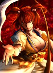 Rule 34 | 1girl, breasts, cleavage, hair bobbles, hair ornament, large breasts, onozuka komachi, outstretched hand, red eyes, red hair, samuimu, sash, scythe, short twintails, smile, solo, touhou, twintails, two side up