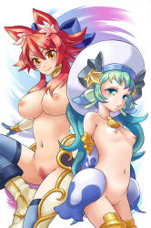 Rule 34 | 2girls, animal ear fluff, animal ears, blue bow, blue gloves, blue thighhighs, blush, bow, breasts, brown eyes, character request, cleft of venus, closed mouth, female pubic hair, gloves, green eyes, green hair, hair between eyes, hair bow, hat, knee up, large breasts, long hair, looking at viewer, mimonel, multiple girls, navel, nipples, pubic hair, pussy, red pubic hair, shinrabanshou, small breasts, smile, thighhighs, white headwear