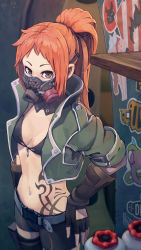 Rule 34 | 1girl, artist name, bikini, bikini top only, breasts, brown eyes, coat, code vein, commentary request, fingerless gloves, full-body tattoo, gas mask, gloves, green coat, highres, j.h j.h, looking at viewer, mask, midriff, navel piercing, orange hair, piercing, ponytail, rin murasame, shorts, small breasts, solo, swimsuit, tattoo