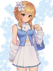 Rule 34 | 1girl, bag, bare shoulders, blonde hair, brown eyes, commentary, flower, frilled skirt, frills, genshin impact, hair between eyes, hair flower, hair ornament, highres, jacket, jewelry, long sleeves, looking at viewer, lumine (genshin impact), necklace, off shoulder, short hair, skirt, smile, solo, thighhighs, vickie (cryingrobot), white jacket, white skirt, white thighhighs, zettai ryouiki