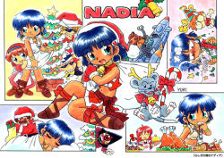 Rule 34 | 1990s (style), 3girls, 5boys, :d, ahoge, antlers, bell, blue hair, blush, bow, box, bracelet, brown hair, candy, candy cane, character name, chibi, child, christmas, christmas tree, clenched teeth, closed eyes, copyright name, dress, earrings, facial hair, father and daughter, food, fujita yukihisa, full body, fushigi no umi no nadia, gainaxtop, gargoyle (nadia), gift, gift box, glasses, gloves, grandis granva, green eyes, grin, hair ornament, hairband, hairclip, hanson, hat, holding, horns, jean roque lartigue, jean roque raltique, jewelry, king (nadia), loincloth, looking at viewer, marie en carlsberg, multiple boys, multiple girls, mustache, nadia la arwall, neck ring, nemo (nadia), nose blush, open mouth, parted lips, pelvic curtain, red gloves, red hair, reindeer antlers, retro artstyle, rimless eyewear, sack, sanson (nadia), santa costume, santa hat, shoes, short hair, sitting, sleeping, smile, standing, star (symbol), strapless, sweatdrop, teeth, toy, tube top, vest