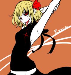Rule 34 | armpits, arms up, black skirt, black sweater, blonde hair, blood, blood on clothes, blood on face, bow, breasts, character name, colored skin, cowboy shot, darkness, hair bow, hair ribbon, halterneck, looking at viewer, meme attire, naughty face, noumen, orange background, red bow, red eyes, red ribbon, ribbon, ringed eyes, rumia, short hair, sideboob, skirt, sleeveless, smile, solo, sweater, tongue, tongue out, touhou, turtleneck, turtleneck sweater, virgin killer sweater, white skin