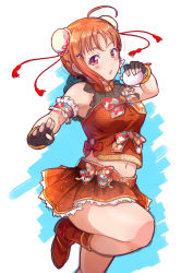 Rule 34 | 1girl, ahoge, armband, bare shoulders, black gloves, blush stickers, bow, bowtie, bracelet, breasts, brown footwear, brown shirt, brown skirt, bun cover, chinese clothes, corsage, earrings, fighting stance, fingerless gloves, flower, frills, gloves, hair bow, highres, jewelry, kanabun, looking at viewer, love live!, love live! school idol festival, love live! sunshine!!, medium breasts, multicolored bow, navel, open mouth, orange hair, red bow, red eyes, shirt, short hair, skirt, sleeveless, sleeveless shirt, snowball, solo, standing, takami chika, tassel, white bow, white flower