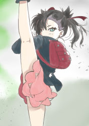 Rule 34 | 1girl, asymmetrical bangs, backpack, bag, black hair, black jacket, blue eyes, blush, commentary request, covered mouth, creatures (company), dress, earrings, game freak, hair between eyes, hair ribbon, highres, jacket, jewelry, kneepits, leg up, long sleeves, looking at viewer, marnie (pokemon), nintendo, pink dress, pokemon, pokemon swsh, porurin, red ribbon, ribbon, solo, split, standing, standing on one leg, standing split, stud earrings, twintails