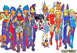 Rule 34 | 5boys, 6+girls, absolutely everyone, armor, barefoot, blonde hair, blue eyes, blue hair, boots, breath of fire, breath of fire complete works, breath of fire i, breath of fire ii, breath of fire iii, breath of fire iv, breath of fire v, capcom, cover, cover page, crossover, dress, everyone, fairy, gloves, green eyes, legs, long hair, looking at viewer, multiple boys, multiple girls, nina (breath of fire i), nina (breath of fire ii), nina (breath of fire iii), nina (breath of fire iv), nina (breath of fire v), official art, open mouth, pantyhose, ryuu (breath of fire i), ryuu (breath of fire ii), ryuu (breath of fire iii), ryuu (breath of fire iv), ryuu (breath of fire v), short hair, side slit, sword, tattoo, thighs, time paradox, trample, very long hair, weapon, wings, yoshikawa tatsuya
