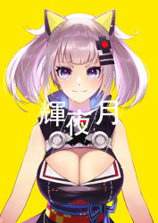 Rule 34 | 1girl, absurdres, animal ears, black dress, blue eyes, breasts, cat ears, character name, cleavage, cleavage cutout, clothing cutout, commentary, d-pad, d-pad hair ornament, dress, english commentary, fake animal ears, hair ornament, hairclip, highres, jun wei, kaguya luna, large breasts, looking at viewer, medium hair, multicolored eyes, obi, purple eyes, sash, silver hair, simple background, sleeveless, sleeveless dress, smile, solo, the moon studio, turtleneck, twintails, upper body, virtual youtuber, yellow background