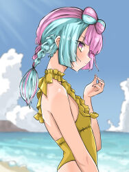 Rule 34 | 1girl, absurdres, alternate costume, alternate hairstyle, blush, bow-shaped hair, braid, closed mouth, cloud, commentary request, creatures (company), day, frills, from side, game freak, green hair, hand up, highres, iono (pokemon), monmon (monmon k18), multicolored hair, nintendo, ocean, one-piece swimsuit, outdoors, pokemon, pokemon sv, purple eyes, sky, solo, swimsuit, two-tone hair, water, yellow one-piece swimsuit